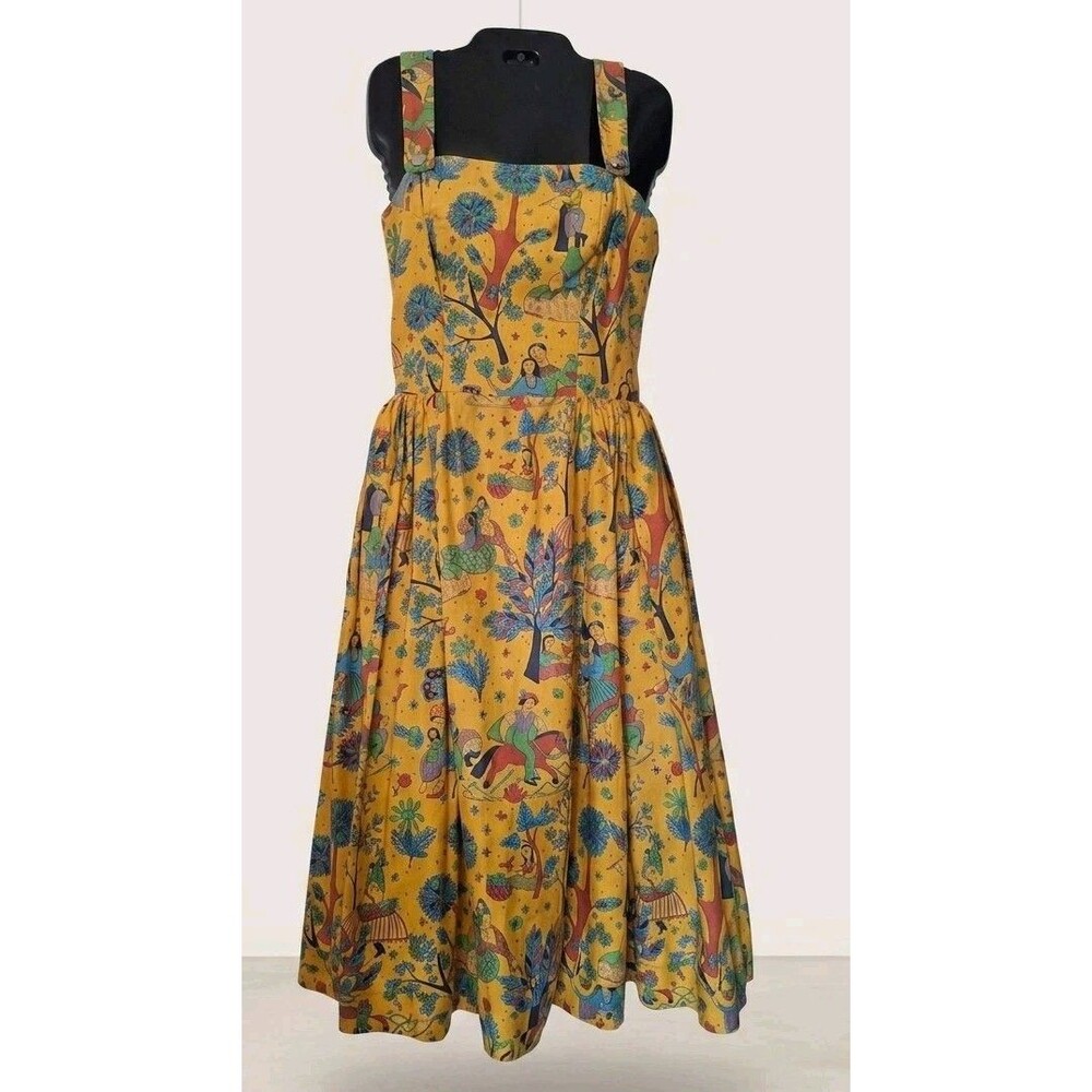 Vintage 1950s Novelty Print Sundress Designer Carolyn Schnurer Size 12 Yellow